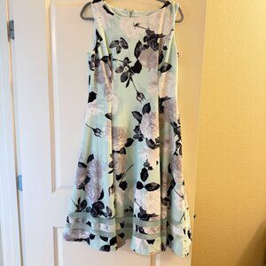 Calvin Klein dress, size 12.  Foam green with cream, gray, black flower detail.